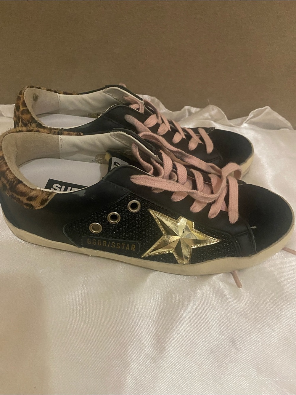 💯 authentic Golden Goose Black Leather Sneakers with Gold Star & Leopard Heel